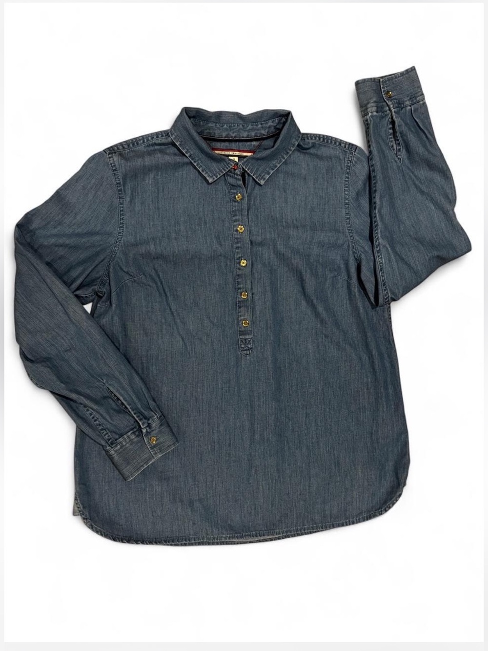 Tommy Hilfiger Blue Cotton Chambray Henley Pullover Blouse Top Size L Large
